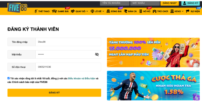 Cách đăng kí kích hoạt số điện thoại tặng thưởng five 88